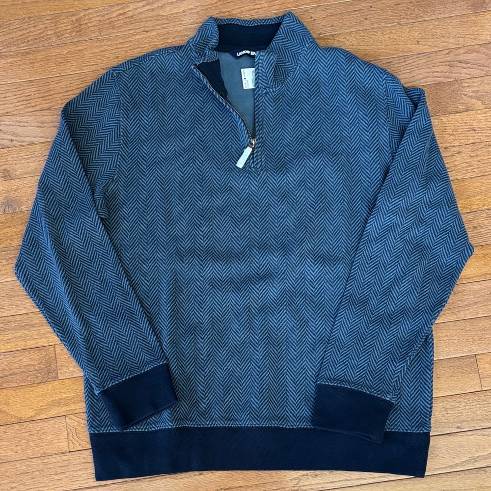NEW Lands' End Men's Blue Herringbone Zip-Up Sweater